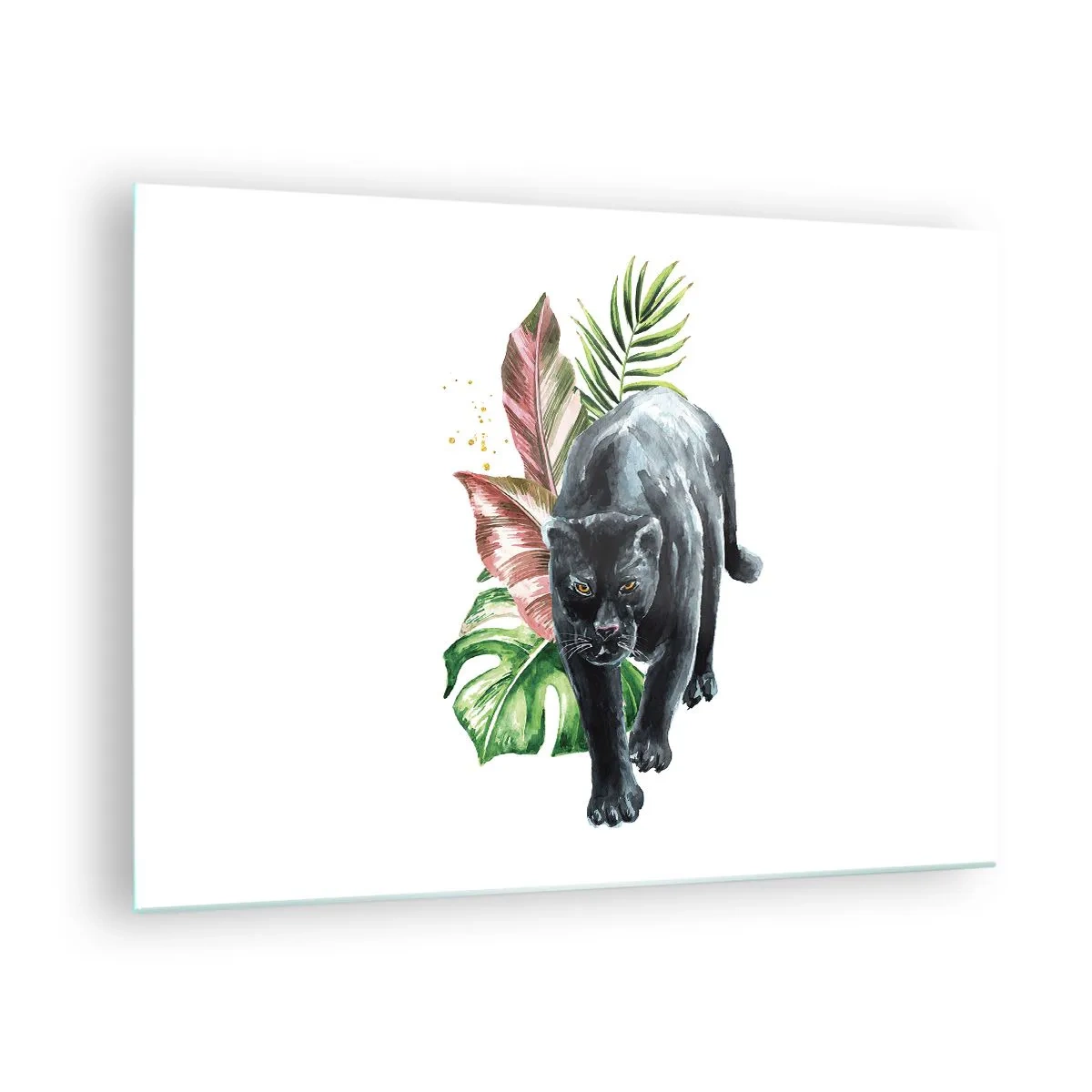 Tablou pe sticlă - Panteră neagră pe un fundal de frunze tropicale în stil acuarelă - 70x50cm - Sălbăticia inimii - Decorațiune modernă pentru perete pentru living și dormitor ARTTOR