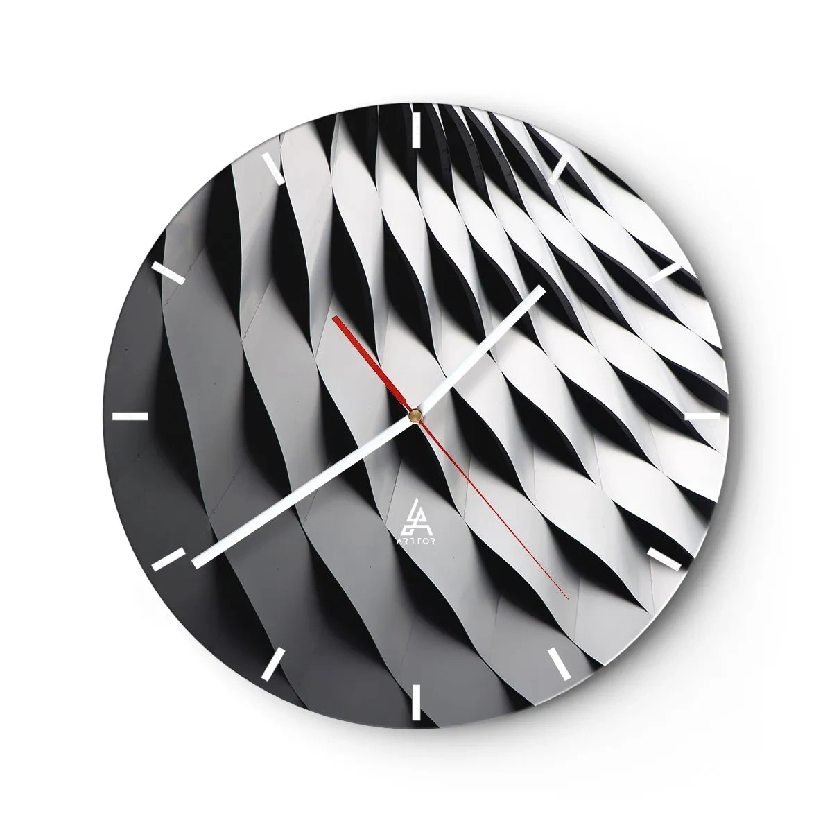Ceas de perete - Ceas pe sticlă - Model de structură arhitecturală ondulată alb-negru - 30x30cm - Pe suprafața valurilor - Decorațiune modernă pentru perete pentru living, bucătărie și dormitor ARTTOR
