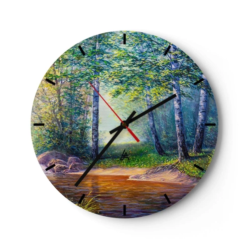 Ceas de perete - Ceas pe sticlă - O pădure pitorească de mesteacăn cu un râu iluminat de razele soarelui - 30x30cm - Cadru idilic - Decorațiune modernă pentru perete pentru living, bucătărie și dormitor ARTTOR