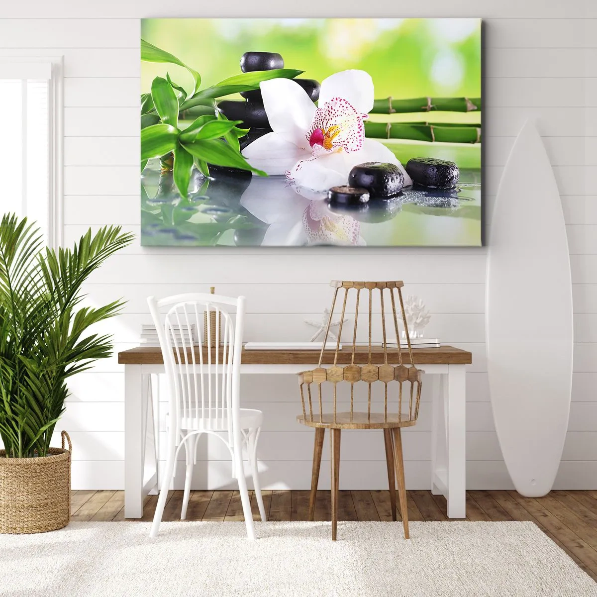 Tablou pe pânză Canvas - Orhidee, pietre și bambus într-o compoziție spa armonioasă - 70x50cm - Prospețime răcoroasă - Decorațiune modernă pentru perete pentru living și dormitor ARTTOR