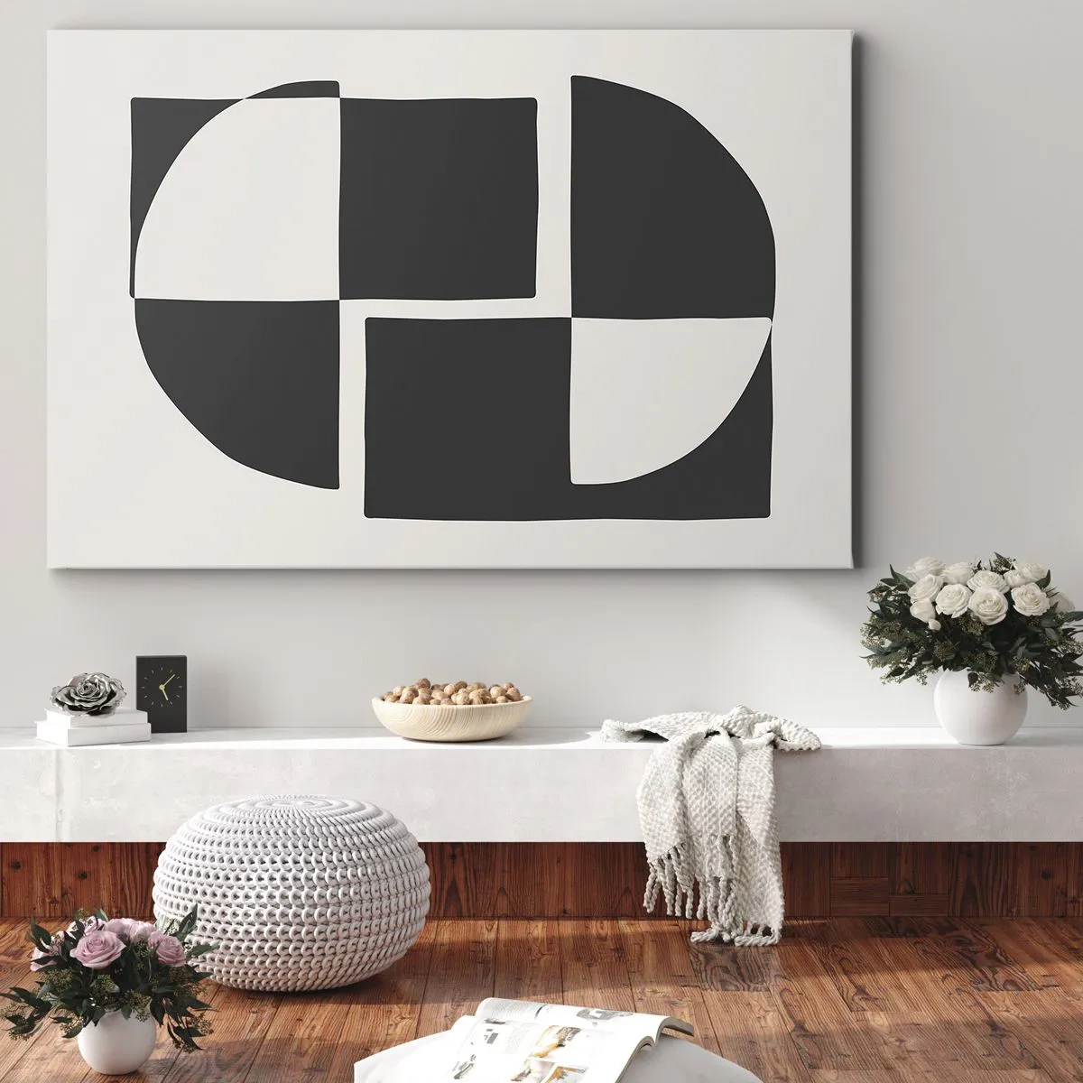 Tablou pe pânză Canvas - Forme geometrice abstracte în alb și negru - 70x50cm - Antiteză - sinteză - Decorațiune modernă pentru perete pentru living și dormitor ARTTOR