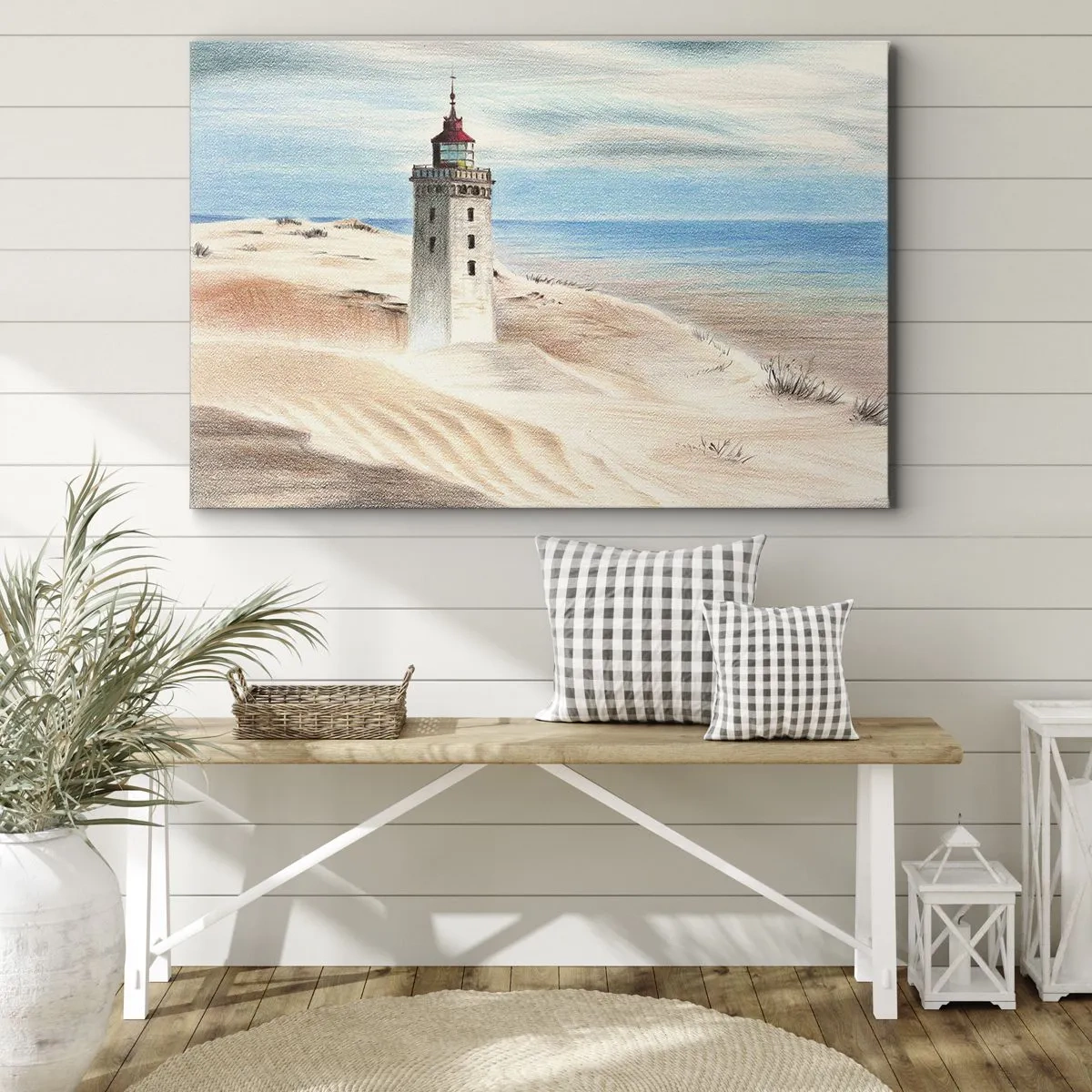 Tablou pe pânză Canvas - Un far înconjurat de dune de nisip și un cer albastru - 70x50cm - Privind mereu marea - Decorațiune modernă pentru perete pentru living și dormitor ARTTOR