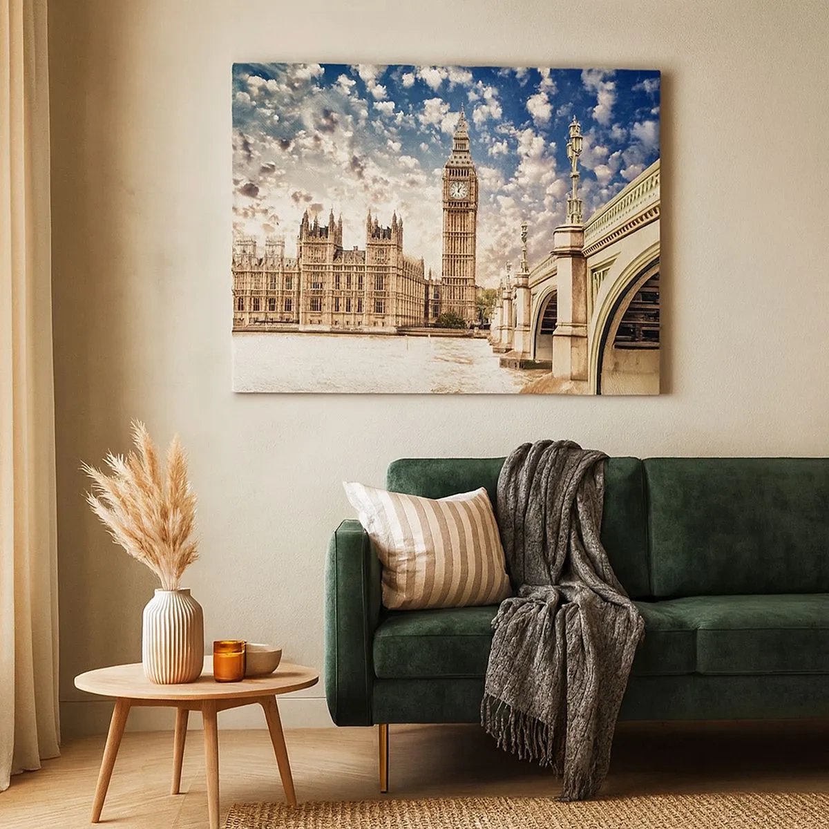 Tablou pe pânză Canvas - Big Ben și Podul Westminster luminate de soarele din Londra - 70x50cm - Nori de pene deasupra Tamisei - Decorațiune modernă pentru perete pentru living și dormitor ARTTOR