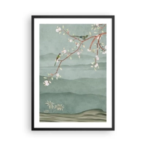 Poster în ramă neagră - Păsări pe o ramură înflorită cu vedere la dealuri - 50x70cm - Primăvara, ah, tu ești - Decorațiune modernă pentru perete pentru living și dormitor ARTTOR