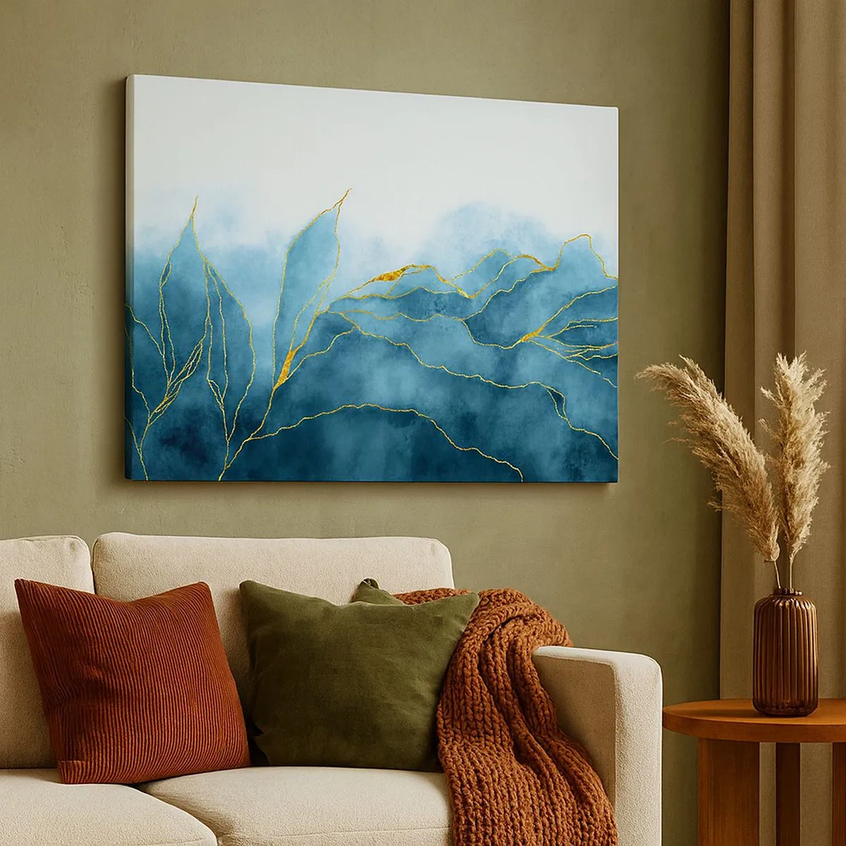 Tablou pe pânză Canvas - Valuri abstracte în nuanțe de albastru cu accente aurii - 70x50cm - Albastru în aur - Decorațiune modernă pentru perete pentru living și dormitor ARTTOR