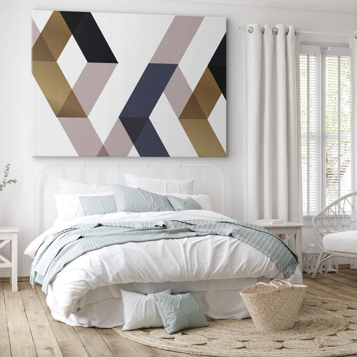 Tablou pe pânză Canvas - Modele geometrice în nuanțe de auriu și albastru marin - 70x50cm - Planuri și unghiuri - Decorațiune modernă pentru perete pentru living și dormitor ARTTOR