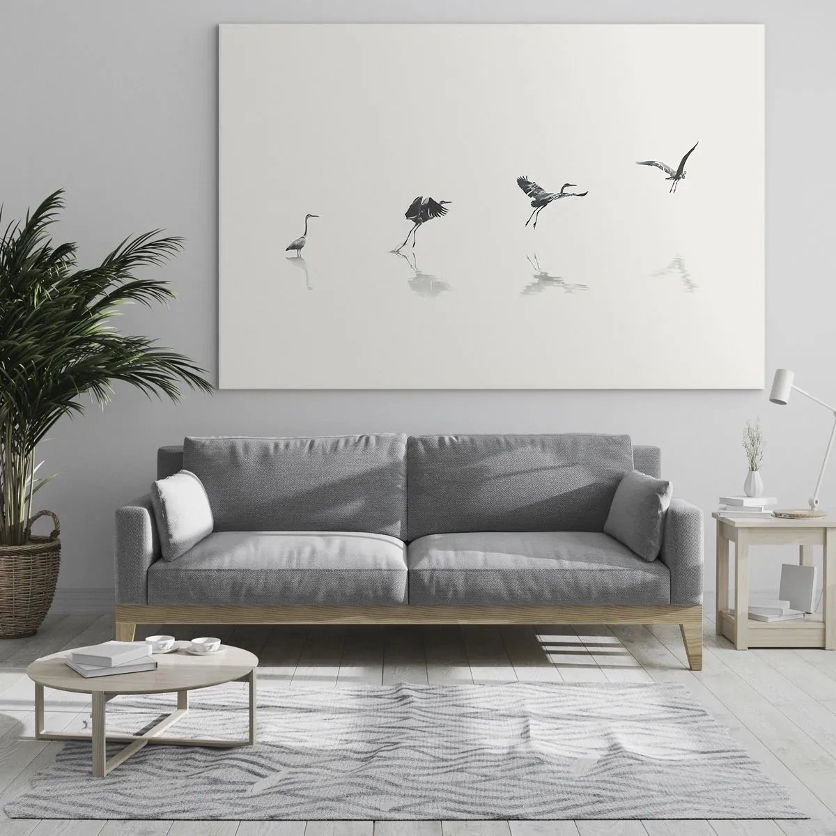 Tablou pe sticlă - Siluete a patru păsări mișcându-se peste apă - 70x50cm - Patru pași simpli - Decorațiune modernă pentru perete pentru living și dormitor ARTTOR
