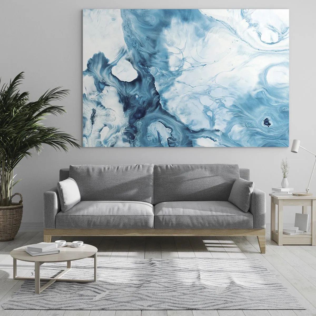 Tablou pe sticlă - Compoziție abstractă în nuanțe de albastru și alb - 70x50cm - Concert de nuanțe de albastru - Decorațiune modernă pentru perete pentru living și dormitor ARTTOR