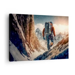 Tablou pe pânză Canvas - Un alpinist pe o potecă de munte într-un peisaj de iarnă - 70x50cm - Războinic singuratic - Decorațiune modernă pentru perete pentru living și dormitor ARTTOR