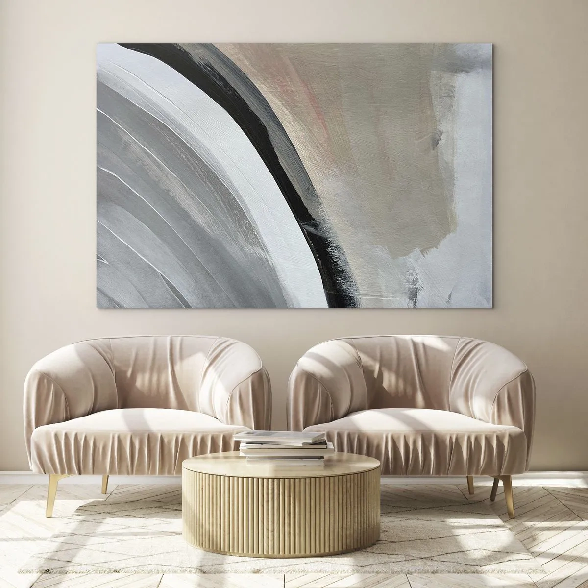 Tablou pe sticlă - Arc abstract în nuanțe de gri și negru - 70x50cm - Compoziție: arc de negru și gri - Decorațiune modernă pentru perete pentru living și dormitor ARTTOR