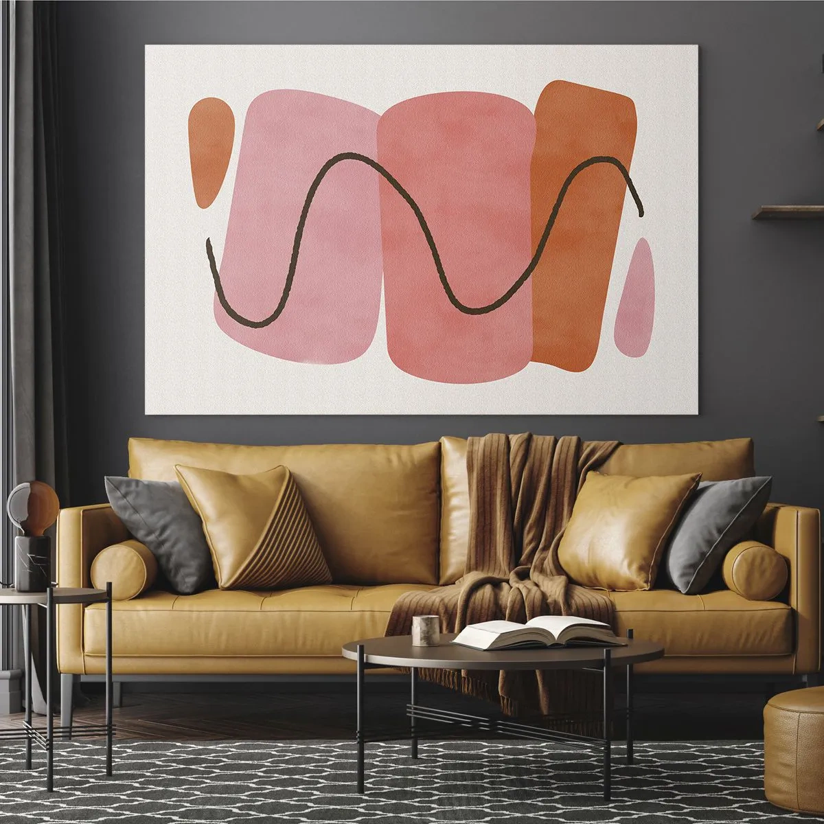 Tablou pe sticlă - Forme abstracte în roz și portocaliu cu o linie neagră - 70x50cm - Mișcarea blândă a formelor - Decorațiune modernă pentru perete pentru living și dormitor ARTTOR