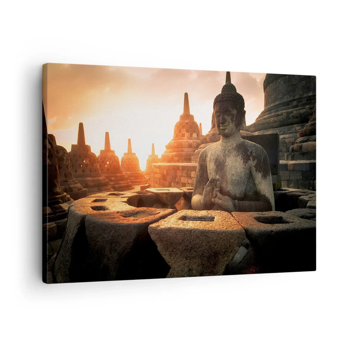 Tablou pe pânză Canvas - Statuia lui Buddha la Templul Borobudur la apus - 70x50cm - Vreme de mare înțelepciune - Decorațiune modernă pentru perete pentru living și dormitor ARTTOR