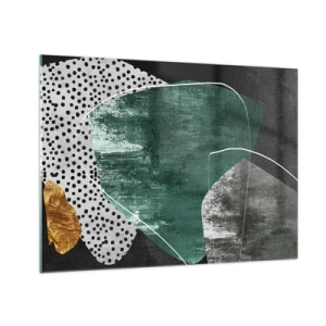 Tablou pe sticlă - Forme verzi cu fundal negru și accent auriu - 70x50cm - Abstracție colorată cu fulgi de aur - Decorațiune modernă pentru perete pentru living și dormitor ARTTOR