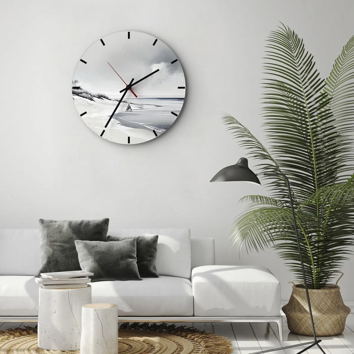 Ceas de perete - Ceas pe sticlă - Un peisaj minimalist de plajă cu dune și cer înnorat. - 30x30cm - Întotdeauna împreună - Decorațiune modernă pentru perete pentru living, bucătărie și dormitor ARTTOR