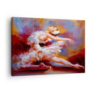 Tablou pe pânză Canvas - O balerină într-o poză dinamică printre culori pastelate. - 70x50cm - Harul lebedei - Decorațiune modernă pentru perete pentru living și dormitor ARTTOR
