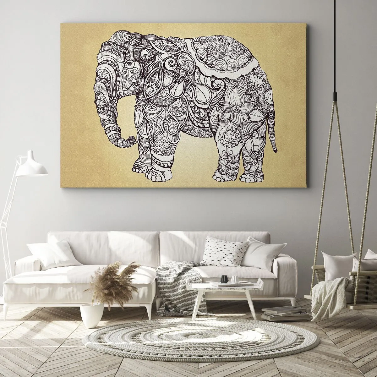 Tablou pe pânză Canvas - Elefant desenat manual cu un model ornamentat pe un fundal bej - 70x50cm - Elefantul oriental - Decorațiune modernă pentru perete pentru living și dormitor ARTTOR