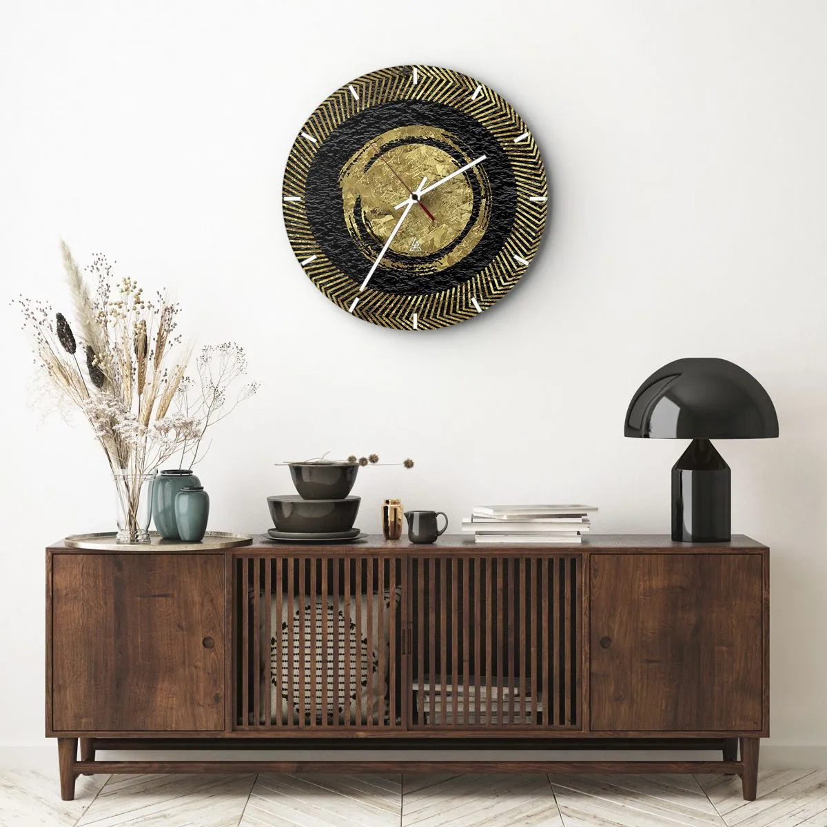 Ceas de perete - Ceas pe sticlă - Modele geometrice aurii pe fundal negru într-un stil glamour - 30x30cm - Compoziție glamour - Decorațiune modernă pentru perete pentru living, bucătărie și dormitor ARTTOR