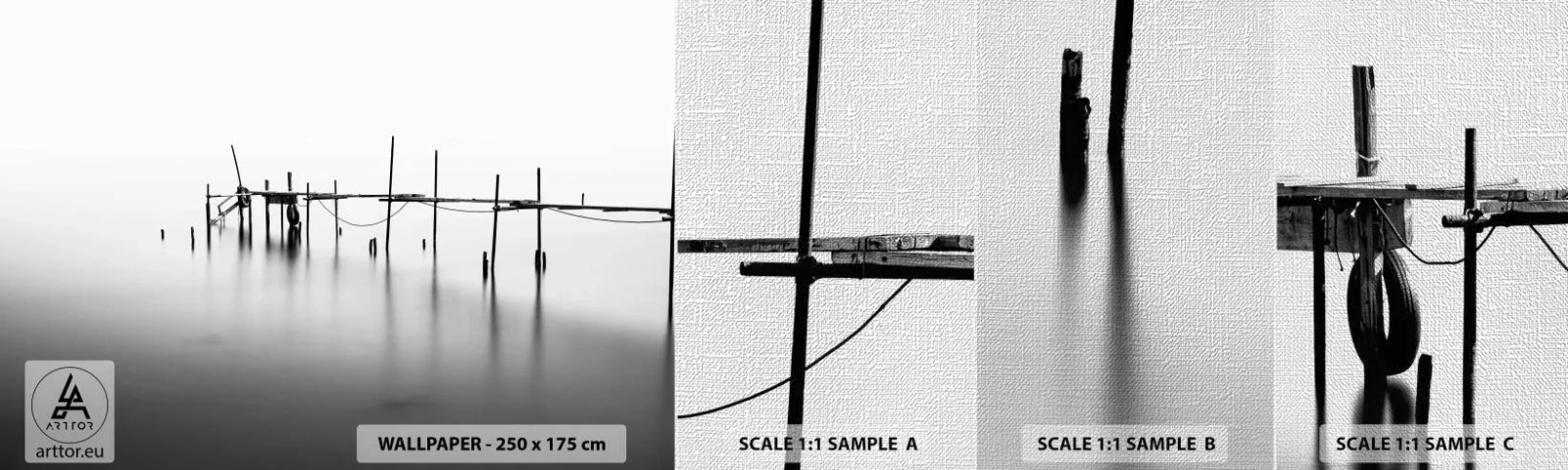 Mostră tapet Premium Canvas - Și dacă lumea nu ar exista? - Peisaj, Pod de lemn, alb-negru - 100x30 cm