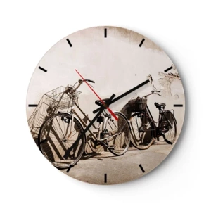 Ceas de perete - Ceas pe sticlă - Biciclete în stil retro lipite de un perete - 30x30cm - Farmecul de neuitat al trecutului - Decorațiune modernă pentru perete pentru living, bucătărie și dormitor ARTTOR