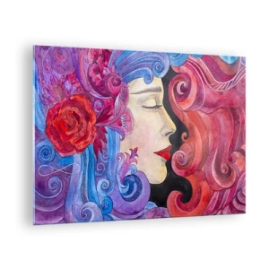 Tablou pe sticlă - Portret colorat al unei femei în stil Art Nouveau, cu ornamentații bogate - 70x50cm - Secesiunea mai trăiește - Decorațiune modernă pentru perete pentru living și dormitor ARTTOR