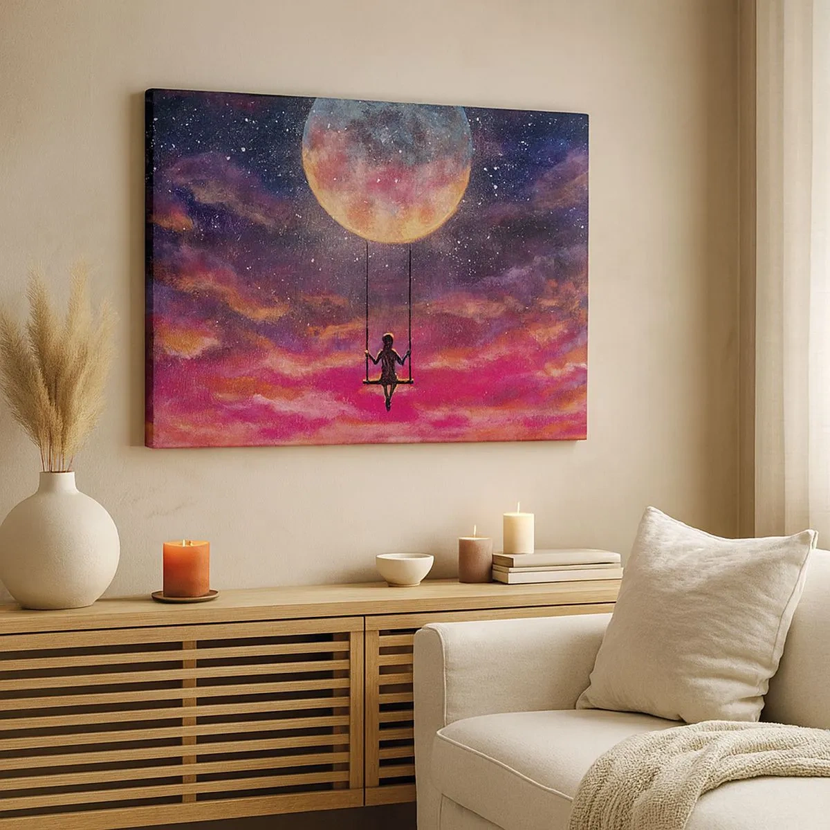 Tablou pe pânză Canvas - O figură pe un leagăn suspendată pe lună - 70x50cm - Cu capul în nori - Decorațiune modernă pentru perete pentru living și dormitor ARTTOR