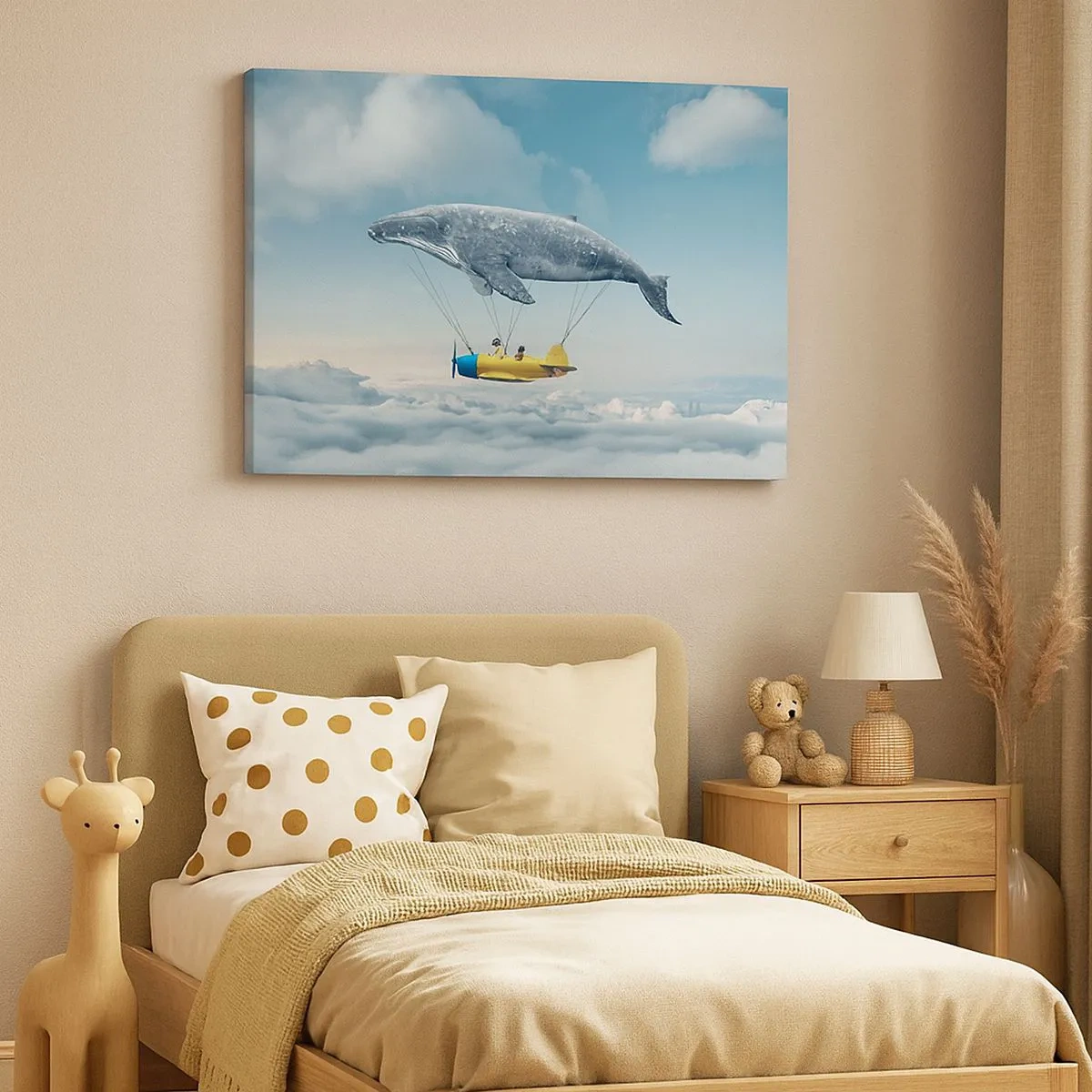 Tablou pe pânză Canvas - O balenă zburătoare poartă un avion într-un decor suprarealist. - 70x50cm - De ce nu? - Decorațiune modernă pentru perete pentru living și dormitor ARTTOR