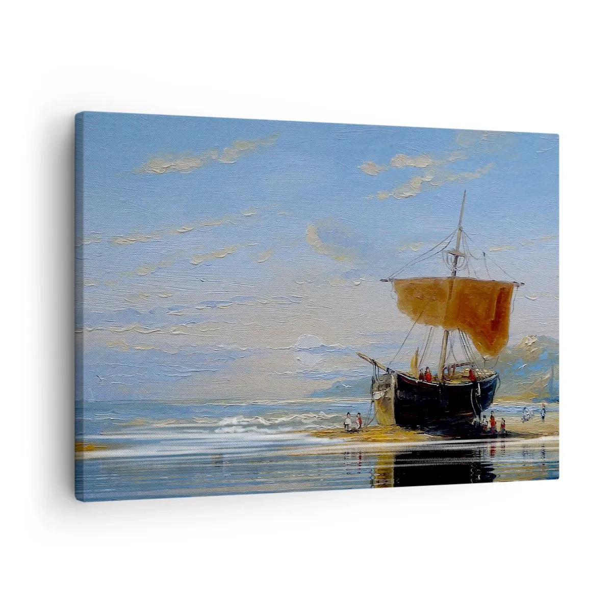Tablou pe pânză Canvas - O navă pe malul mării într-o zi însorită - 70x50cm - Apă, pământ, aer - Decorațiune modernă pentru perete pentru living și dormitor ARTTOR