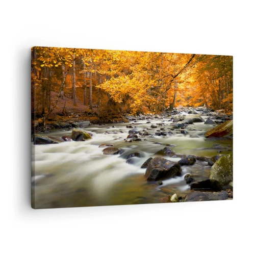 Tablou pe pânză Canvas - Un pârâu într-o pădure de toamnă înconjurat de frunze aurii - 70x50cm - Un pârâu într-o pădure de aur - Decorațiune modernă pentru perete pentru living și dormitor ARTTOR