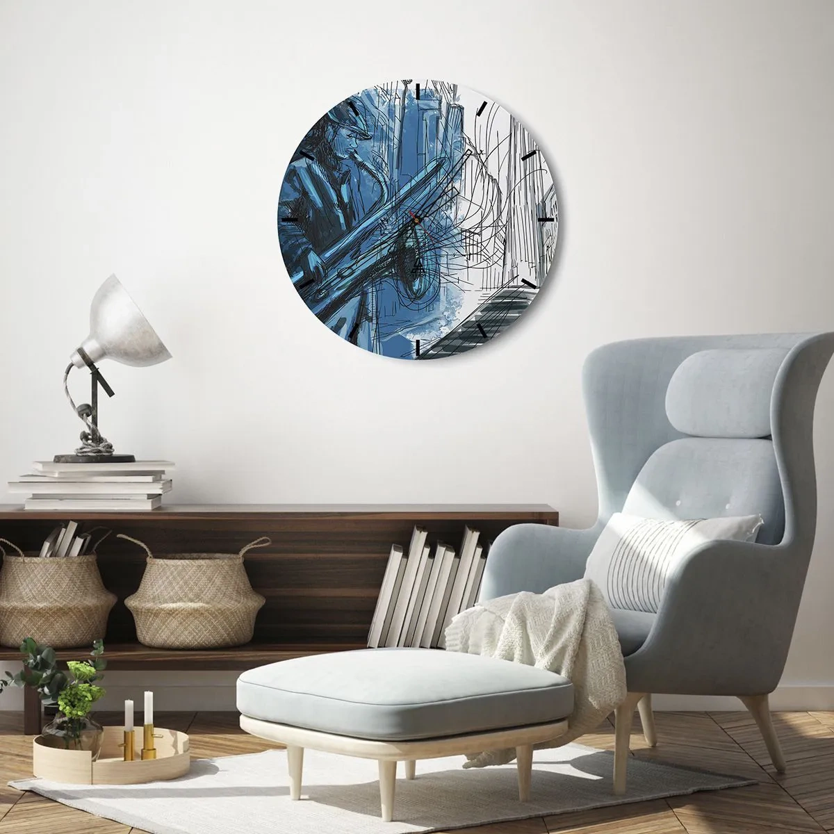 Ceas de perete - Ceas pe sticlă - Un muzician de jazz într-o interpretare artistică - 30x30cm - Rapsodie urbană - Decorațiune modernă pentru perete pentru living, bucătărie și dormitor ARTTOR