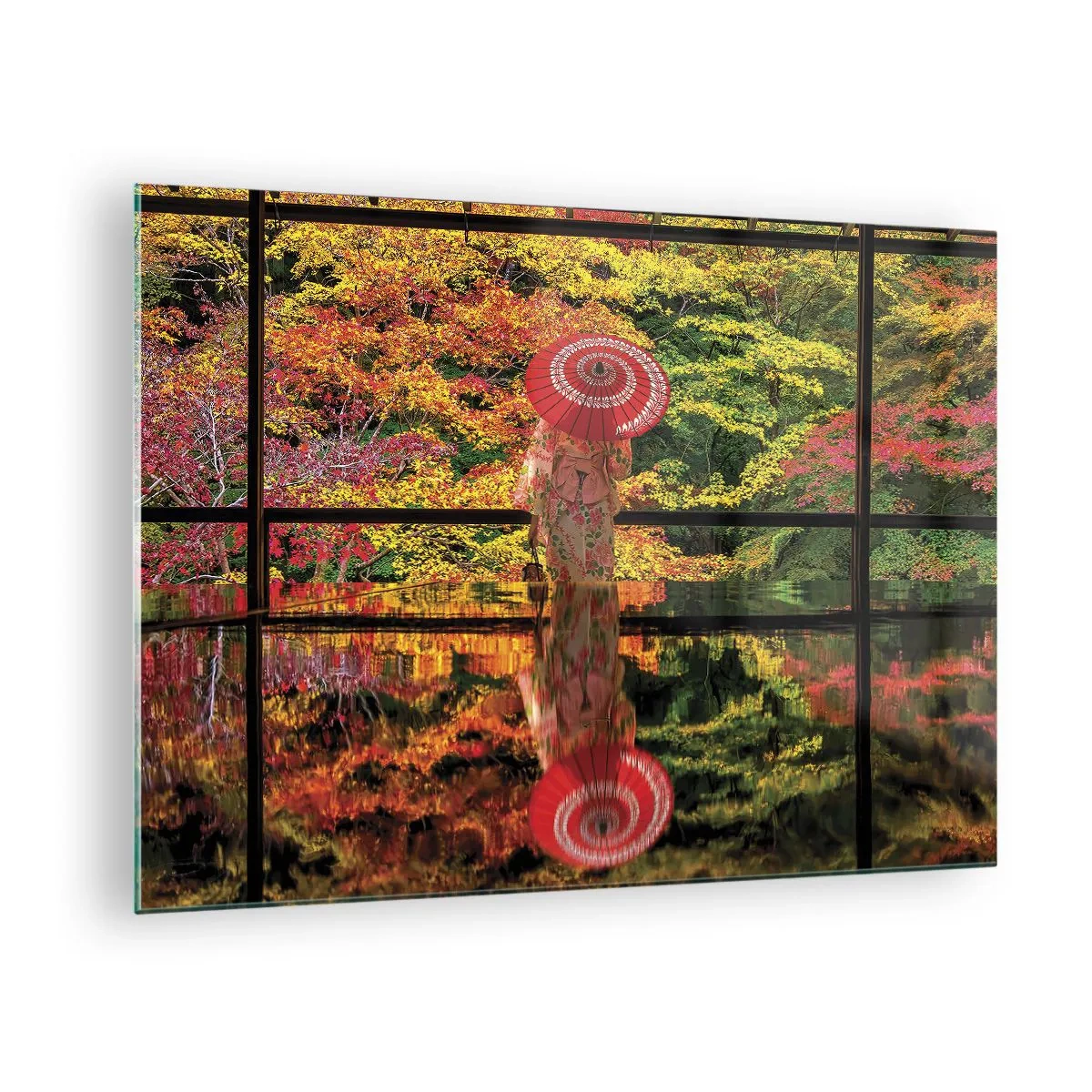Tablou pe sticlă - O femeie într-un kimono cu o umbrelă pe fundalul unui peisaj de toamnă, reflectat în apă. - 70x50cm - În templul naturii - Decorațiune modernă pentru perete pentru living și dormitor ARTTOR