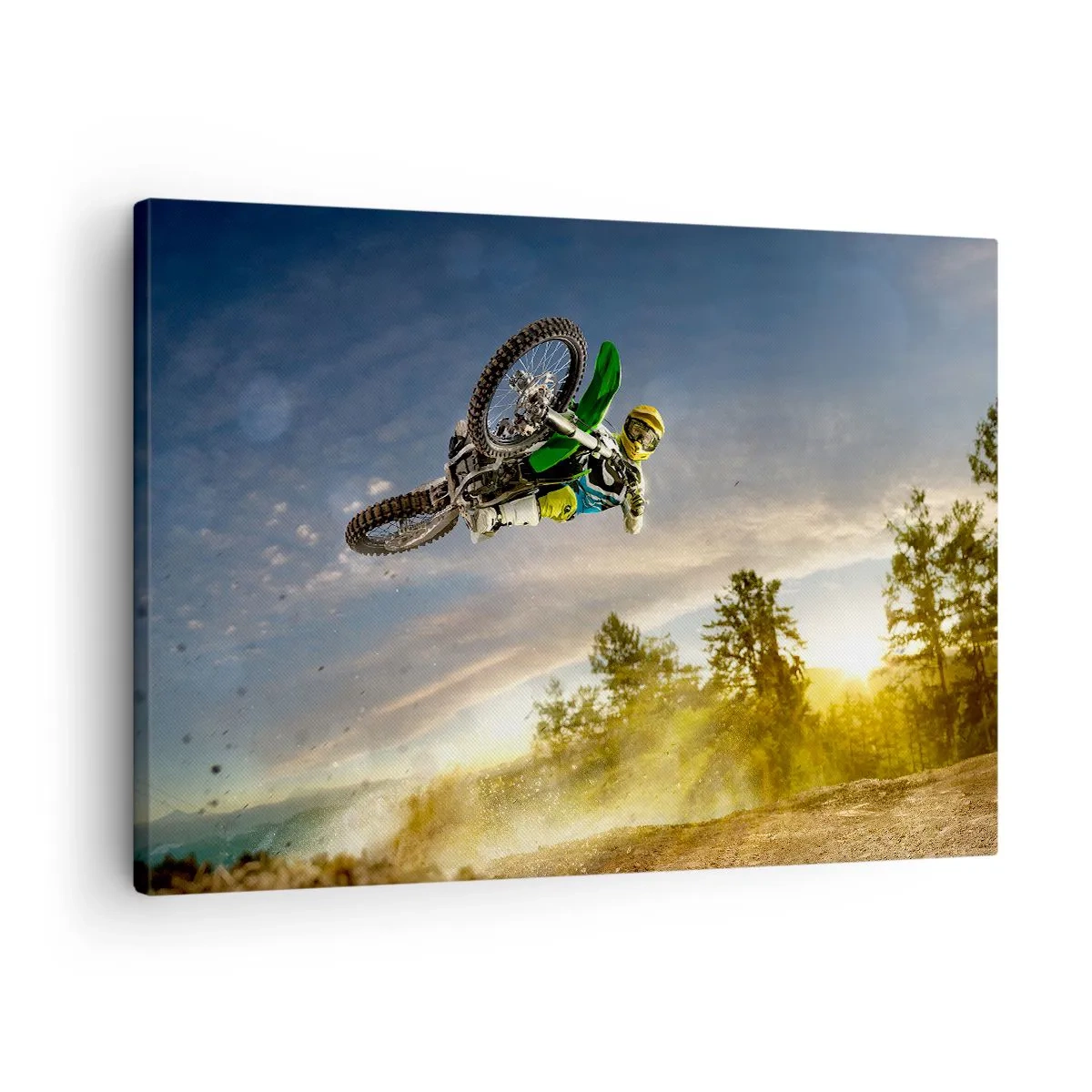Tablou pe pânză Canvas - Motociclist într-un salt dinamic - 70x50cm - Porniți emoțiile! - Decorațiune modernă pentru perete pentru living și dormitor ARTTOR