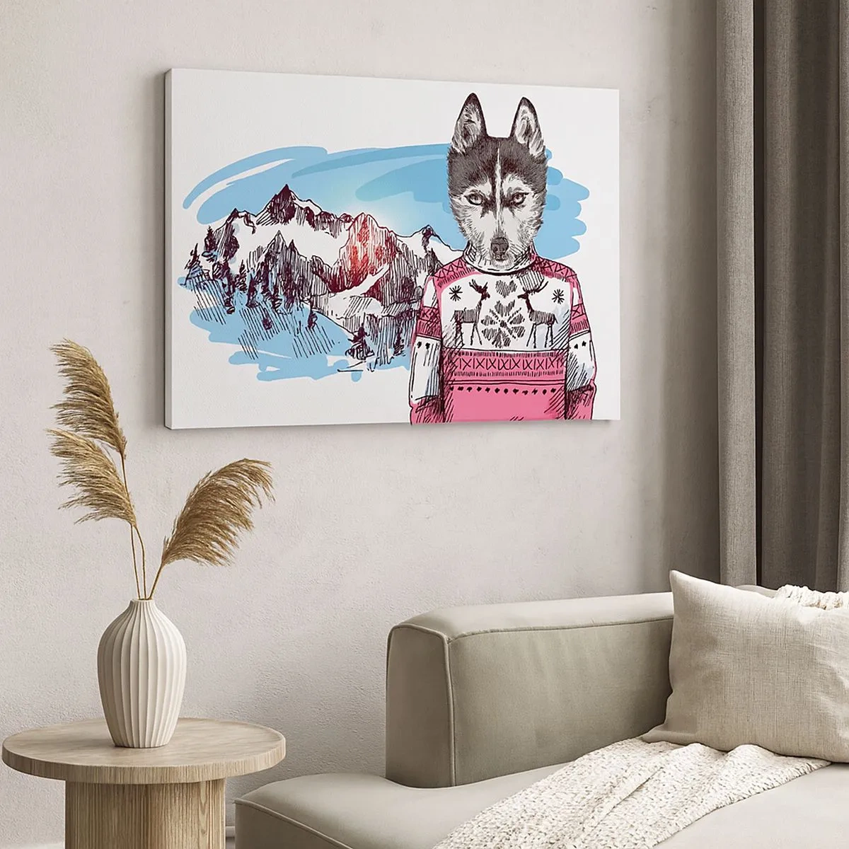 Tablou pe pânză Canvas - Un lup într-un pulover de iarnă pe fundalul unui peisaj montan - 70x50cm - Lupul în lâna de oaie - Decorațiune modernă pentru perete pentru living și dormitor ARTTOR