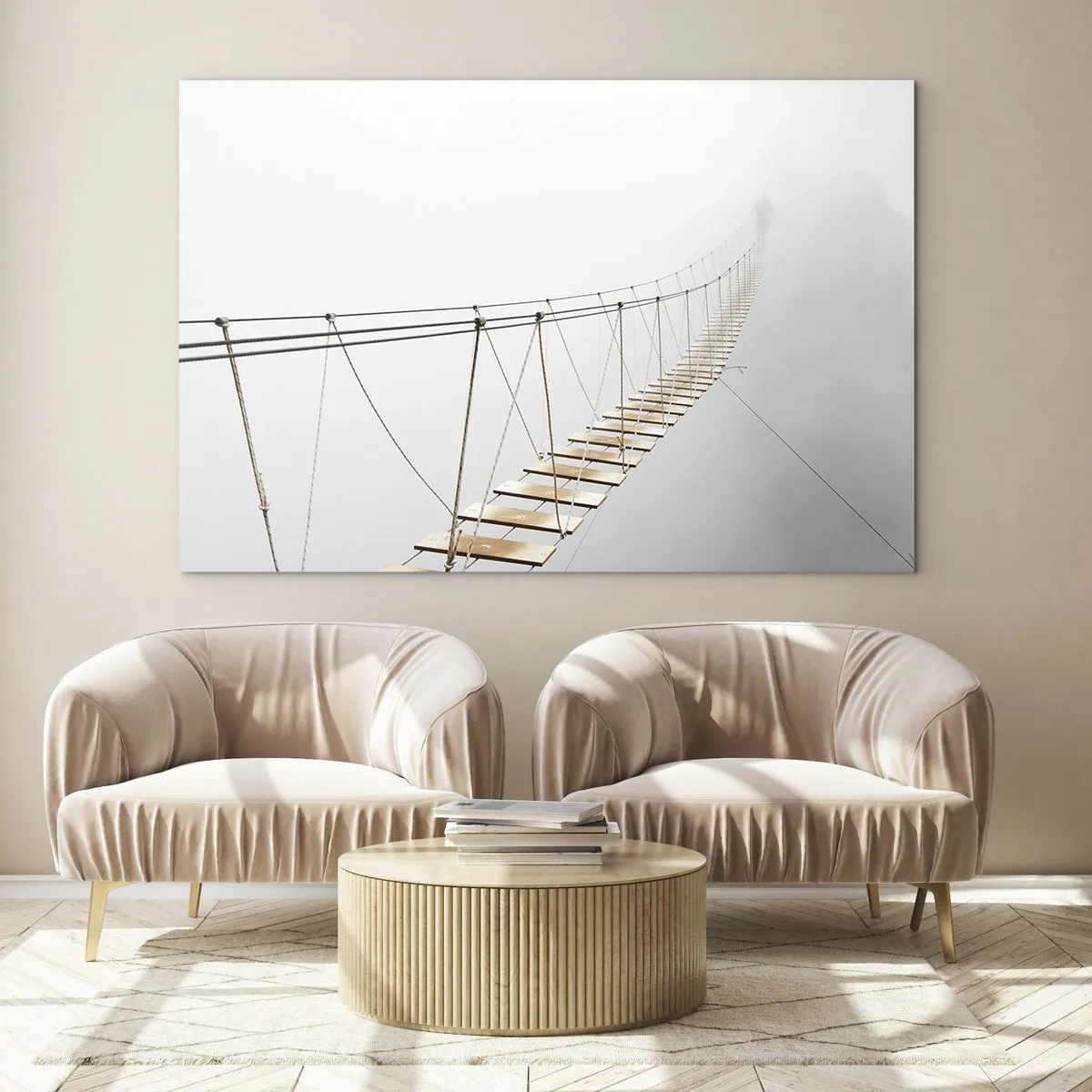 Tablou pe sticlă - Un pod suspendat în ceață care duce spre necunoscut - 70x50cm - Unde te va duce? - Decorațiune modernă pentru perete pentru living și dormitor ARTTOR