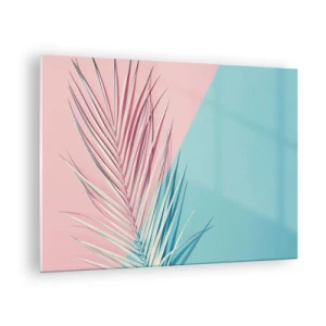 Tablou pe sticlă - O frunză de palmier pe un fundal pastel într-o compoziție geometrică - 70x50cm - Impresie tropicală - Decorațiune modernă pentru perete pentru living și dormitor ARTTOR