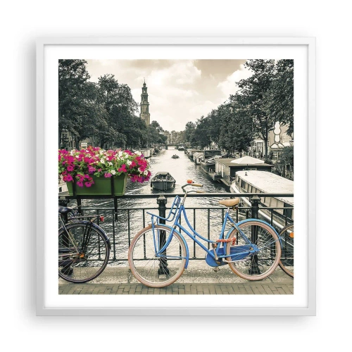 Poster în ramă albă - Culorile unui canal din Amsterdam - 60x60 cm