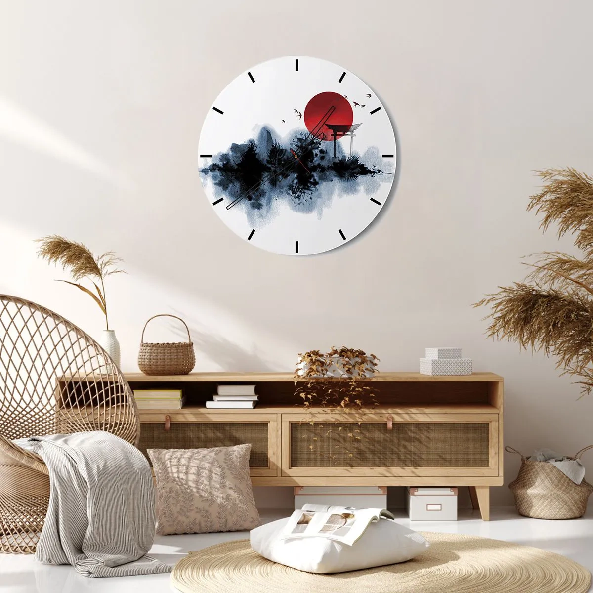 Ceas de perete - Ceas pe sticlă - O sferă solară roșie și o poartă torii în stil japonez deasupra apei - 30x30cm - O vedere japoneză - Decorațiune modernă pentru perete pentru living, bucătărie și dormitor ARTTOR