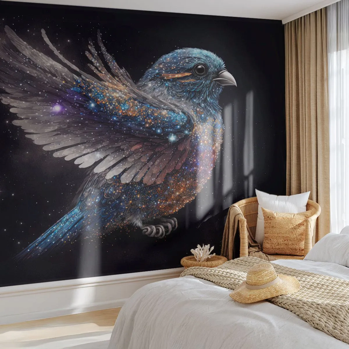 Tapet Premium Sand - Vrăbiuța de diamant - Pasăre, Magie, Cosmos - 100x70 cm