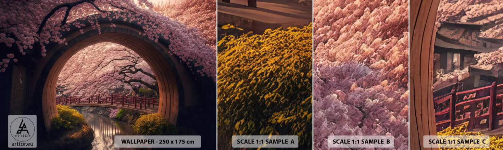 Mostră de Tapet Standard Eco - Primăvara japoneză - Pod, Japonia, cireș japonez - 100x30 cm