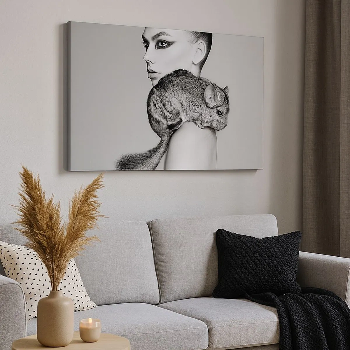 Tablou pe pânză Canvas - Femeie stilizată cu o chinchilla într-o compoziție elegantă în alb și negru - 70x50cm - Dama cu șinșilă - Decorațiune modernă pentru perete pentru living și dormitor ARTTOR