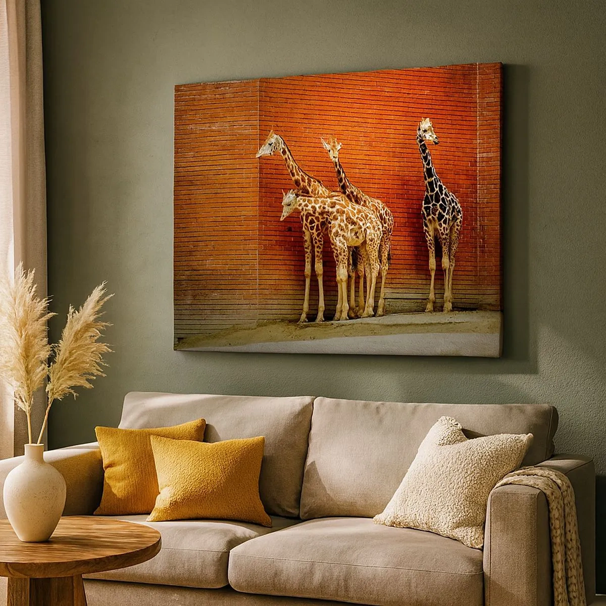 Tablou pe pânză Canvas - Patru girafe pe un zid de cărămidă într-un decor artistic - 70x50cm - Vezi vreun salcâm? - Decorațiune modernă pentru perete pentru living și dormitor ARTTOR