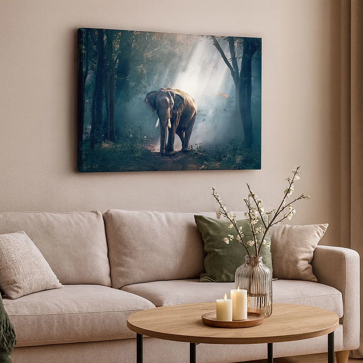 Tablou pe pânză Canvas - Elefant în lumina pădurii - 70x50cm - O plimbare liniștită - Decorațiune modernă pentru perete pentru living și dormitor ARTTOR