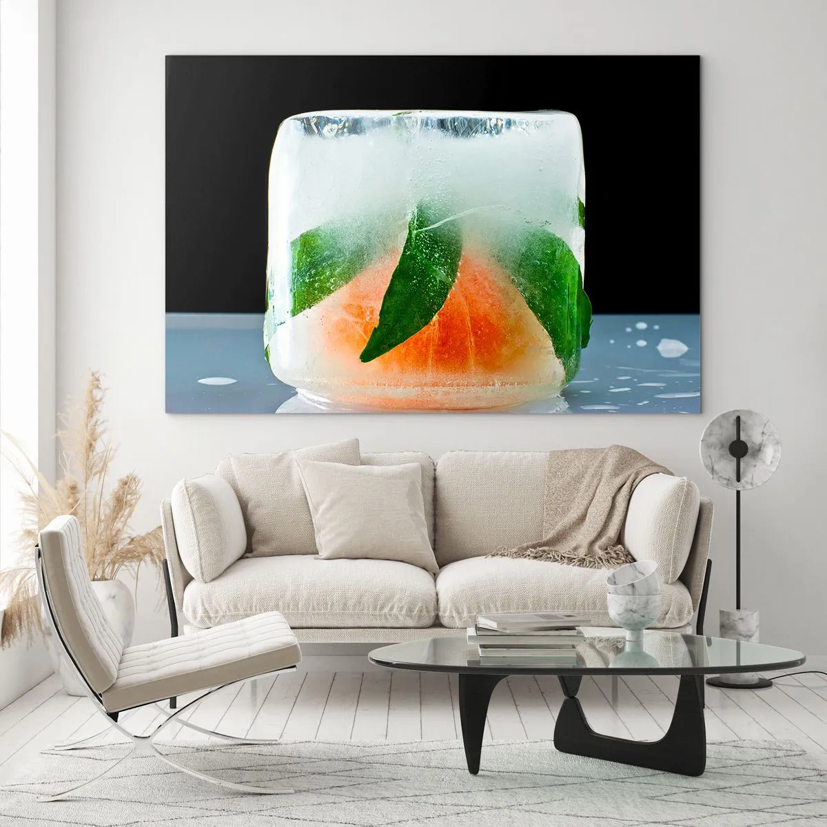 Tablou pe sticlă - Fructe și frunze congelate în gheață limpede - 70x50cm - Proaspăt și răcoros - Decorațiune modernă pentru perete pentru living și dormitor ARTTOR