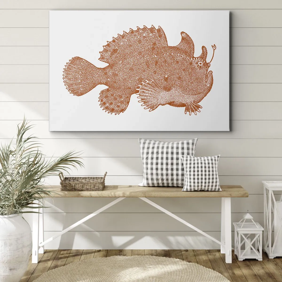 Tablou pe pânză Canvas - Desen detaliat al unui pește de culoarea cuprului pe fundal alb - 70x50cm - Și totuși este un peşte - Decorațiune modernă pentru perete pentru living și dormitor ARTTOR