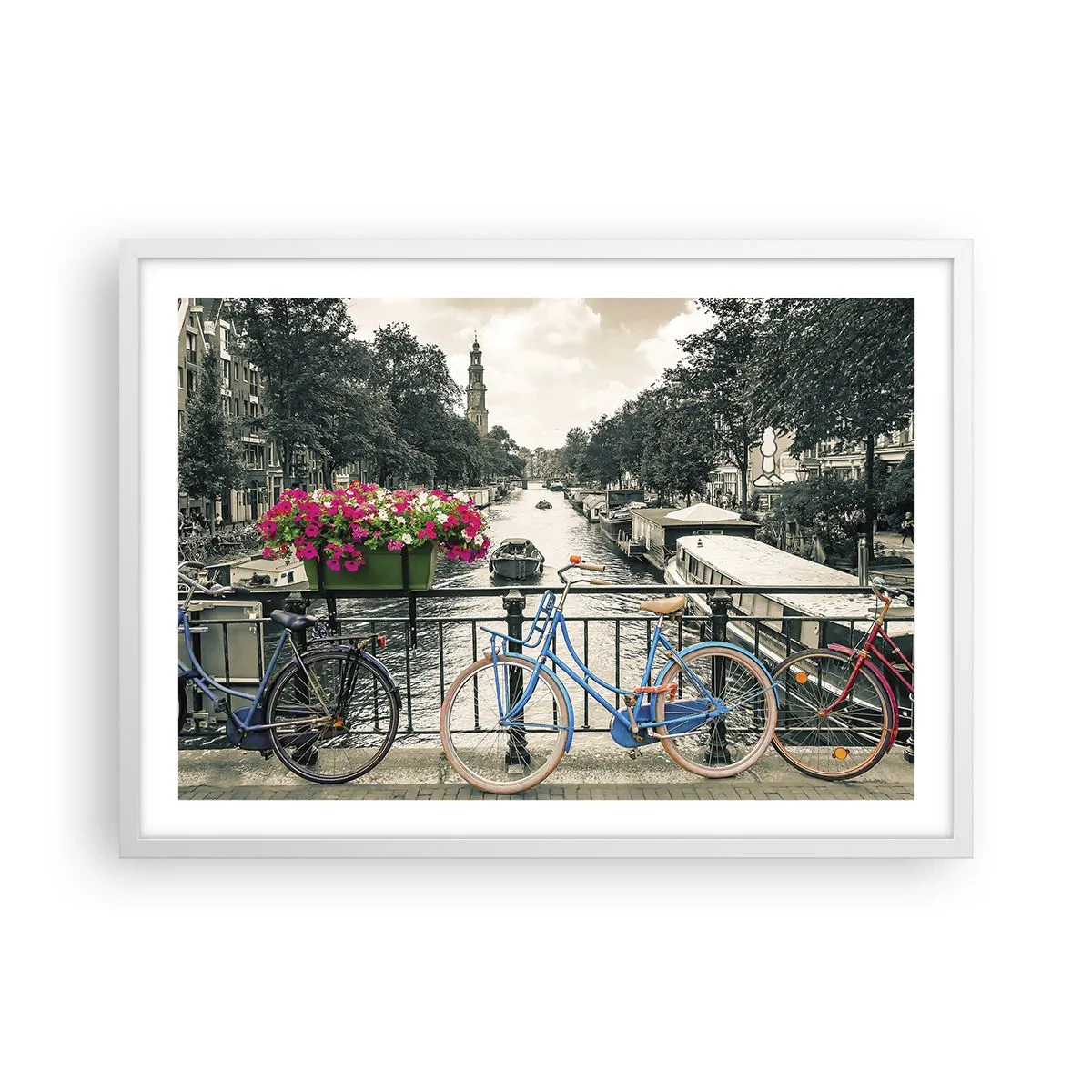 Poster în ramă albă - Culorile unui canal din Amsterdam - 70x50 cm