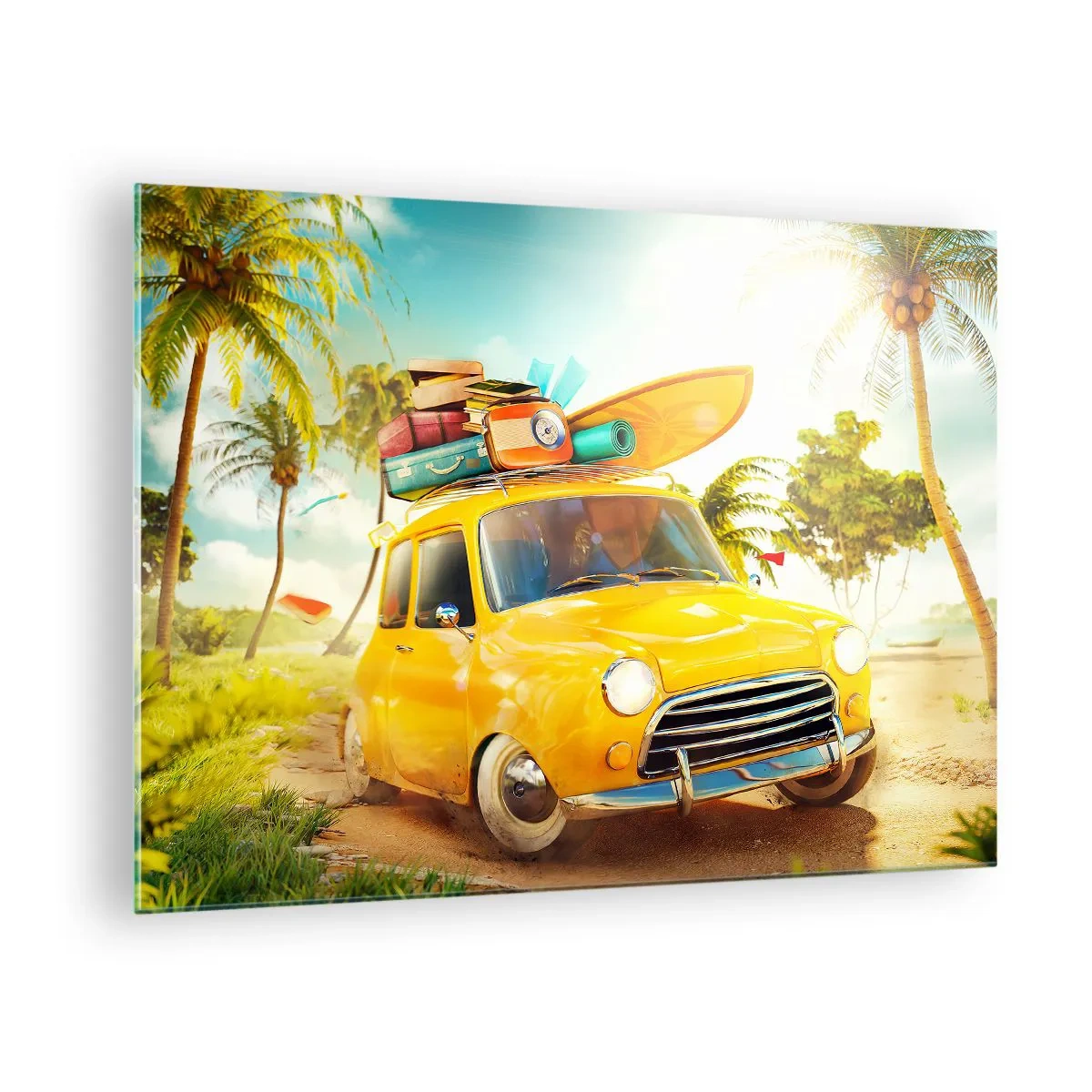 Tablou pe sticlă - O mașină galbenă cu bagaje pe acoperiș, pe o plajă tropicală. - 70x50cm - O călătorie pentru mai mult decât un zâmbet - Decorațiune modernă pentru perete pentru living și dormitor ARTTOR
