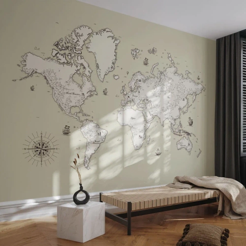 Tapet Standard Eco - O călătorie în jurul lumii - Harta lumii, Continente, Corabie de pirati - 350x256 cm