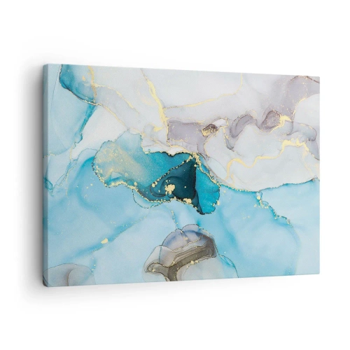 Tablou pe pânză Canvas - Abstracție în nuanțe de albastru și auriu cu linii subtile - 70x50cm - Un studiu al întâlnirii dintre gri și turcoaz - Decorațiune modernă pentru perete pentru living și dormitor ARTTOR