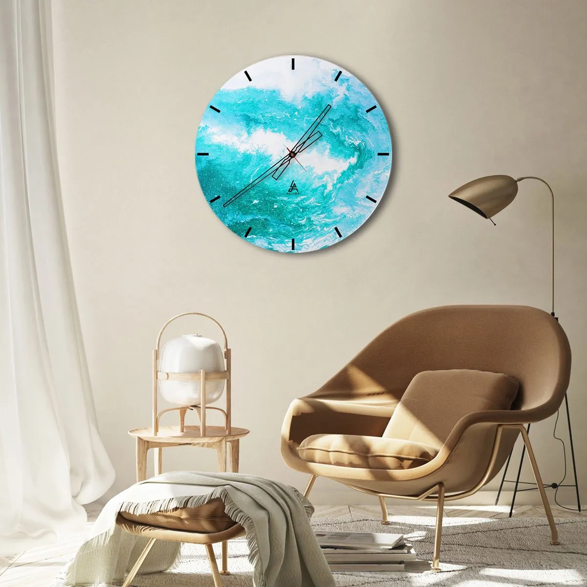 Ceas de perete - Ceas pe sticlă - Val abstract în nuanțe de albastru și turcoaz - 30x30cm - În nucleul elementului - Decorațiune modernă pentru perete pentru living, bucătărie și dormitor ARTTOR