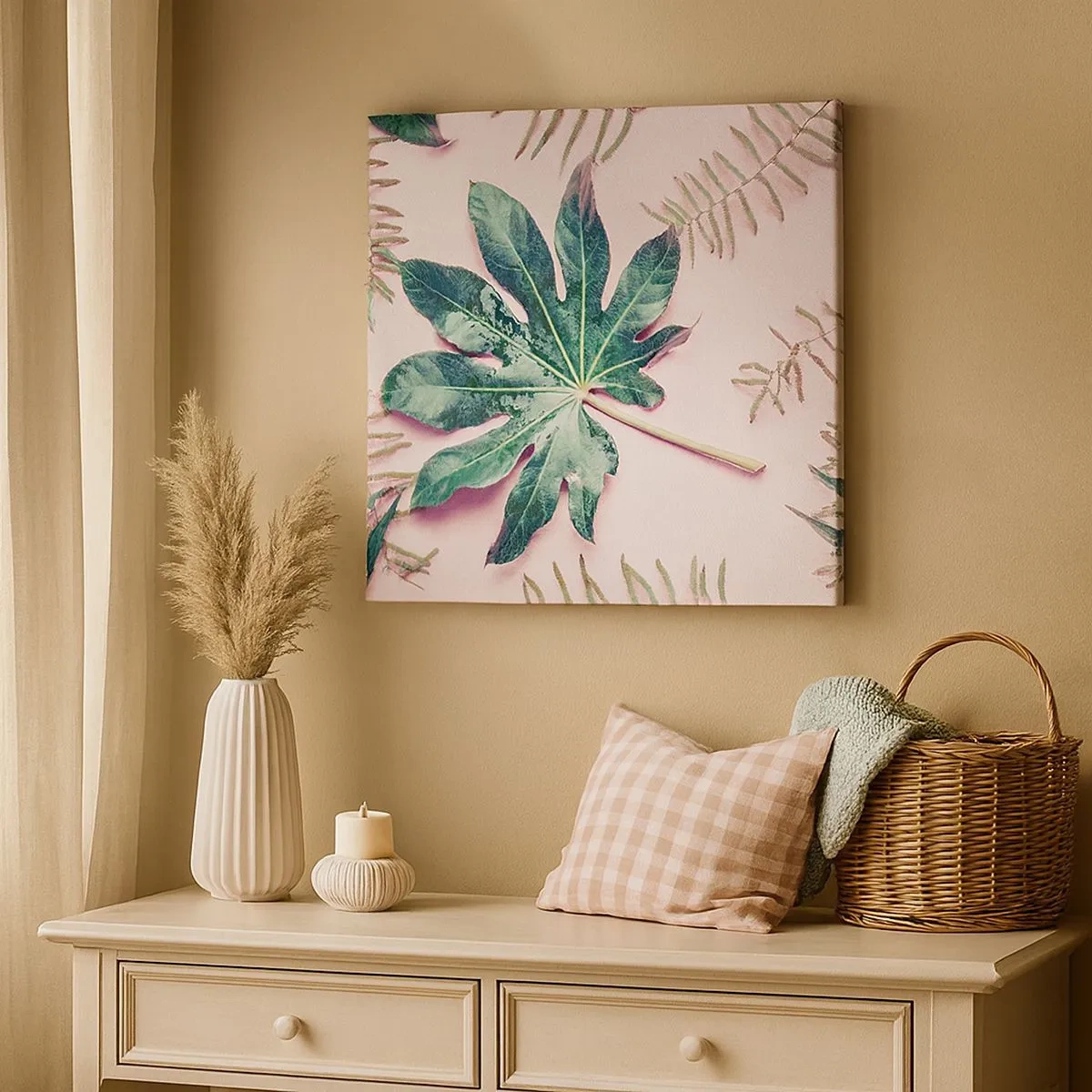 Tablou pe pânză - Studiu de verdeață pe un fundal roz - 30x30 cm