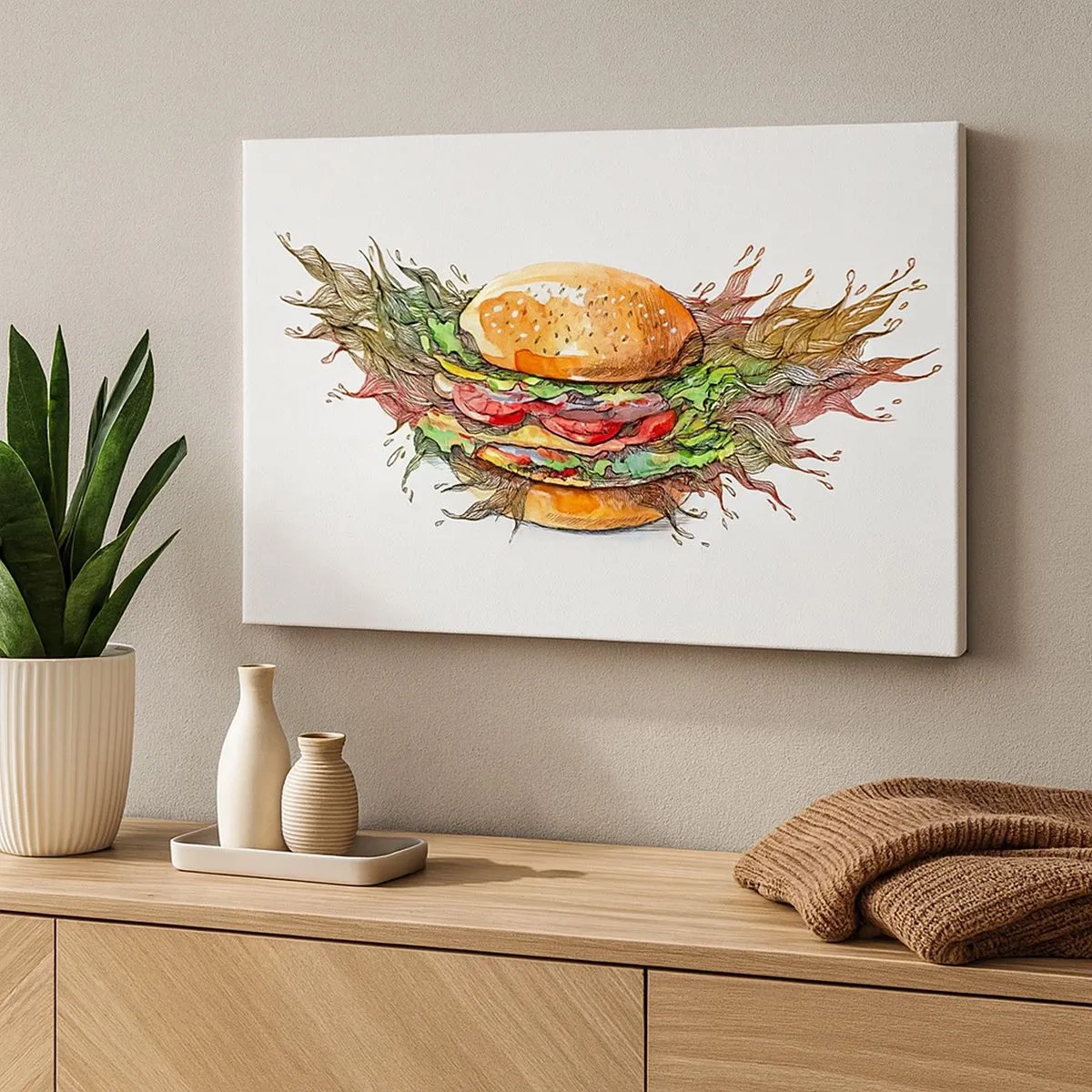 Tablou pe pânză Canvas - Ilustrație artistică a unui burger cu elemente dinamice - 70x50cm - Tentație fierbinte - Decorațiune modernă pentru perete pentru living și dormitor ARTTOR